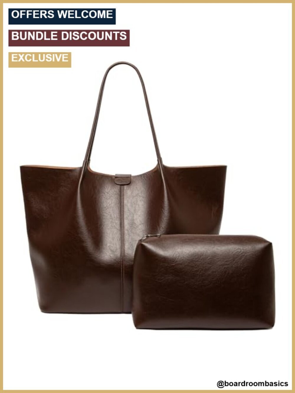 Large Faux Leather Tote Bag With Interior Clutch Pouch Vegan